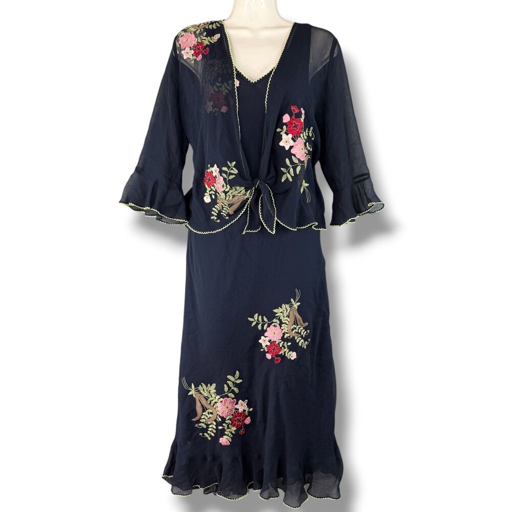Robbie Bee 100% Blue Silk Slip Maxi Dress w/ Shawl Coquette Fairy Whimsy Core 8